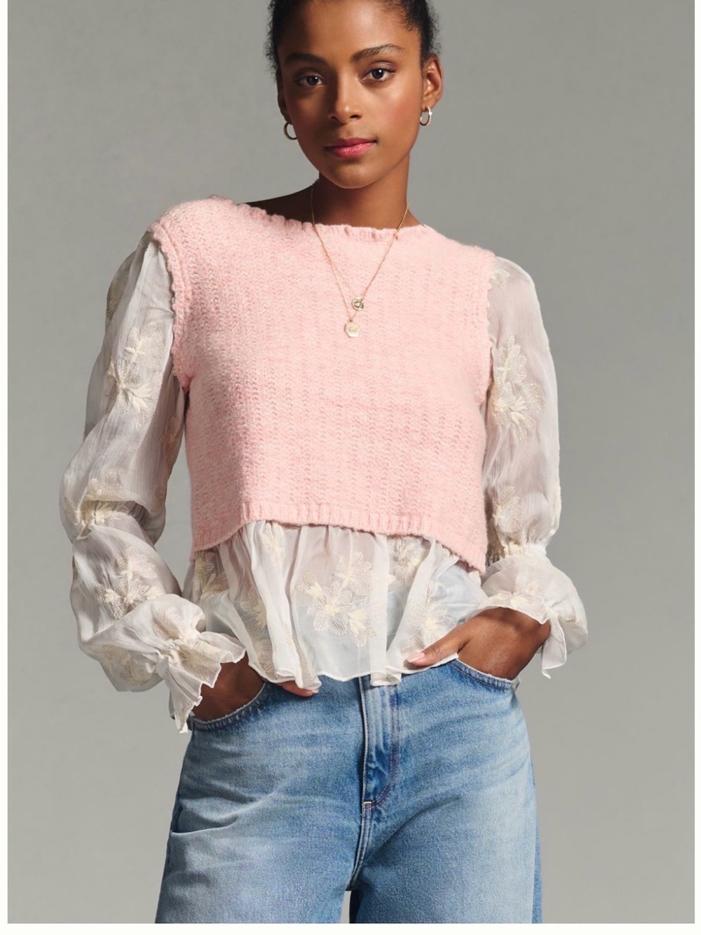 Anthropologie Soft Pink Cropped Knit Tank with Cream Sheer Floral Blouse